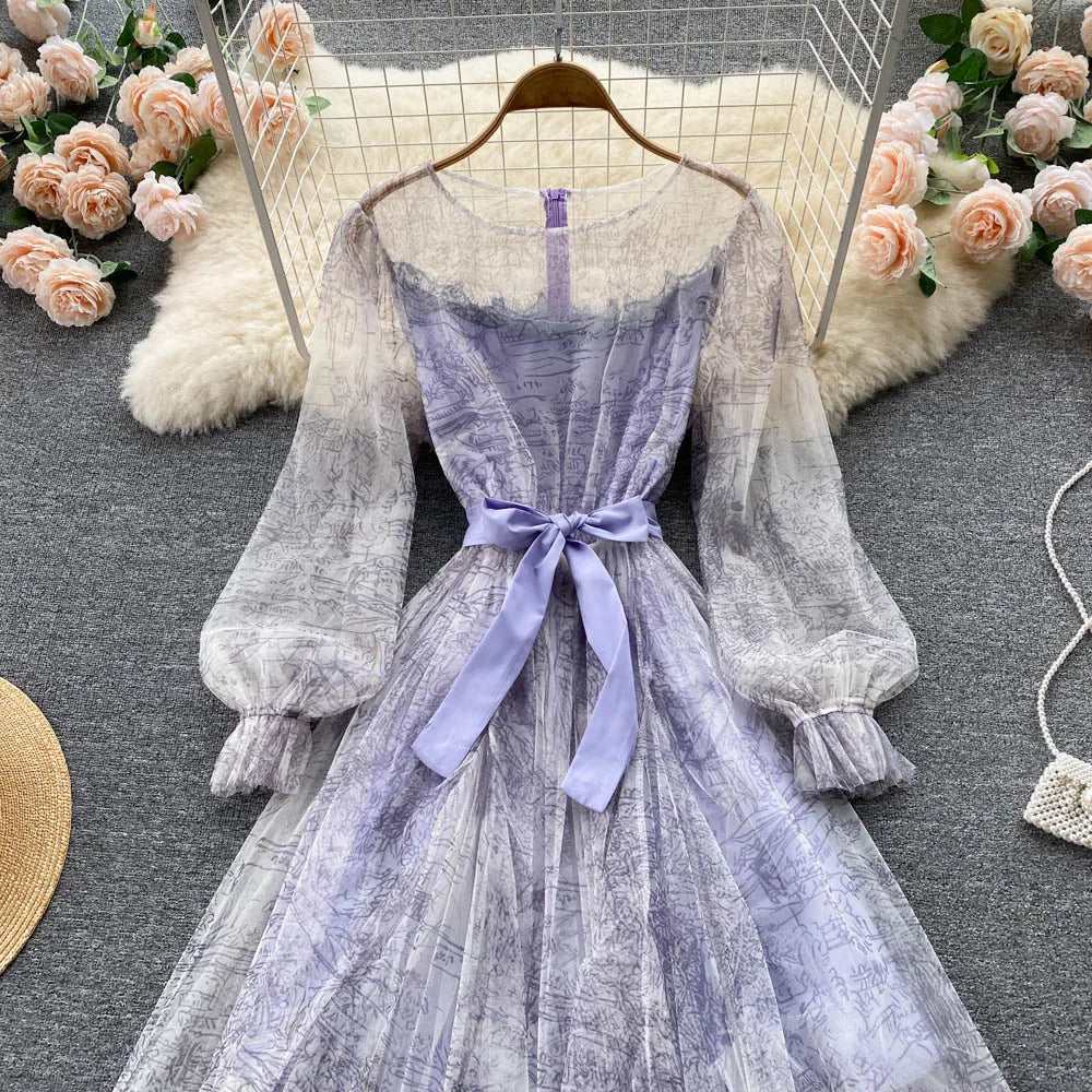 Elegante Frauen Mesh Kleid Vintage Laterne Ärmeln Gedruckt Party Kleider Frühling Sommer Patchwork A Line Bandage Strand Kleid.