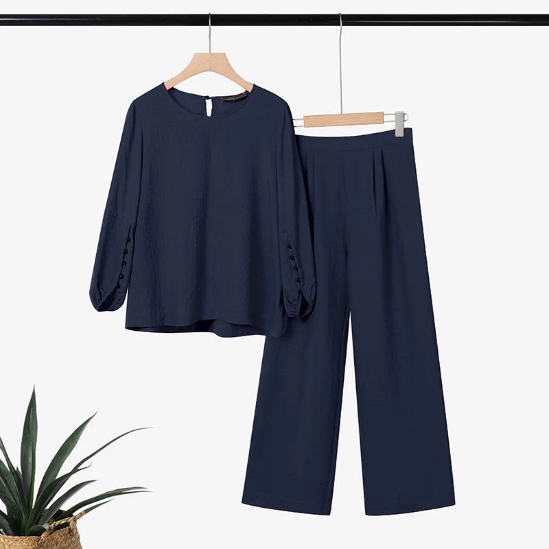 Fashion Women Two Piece Outfit ZANZEA Long Sleeve Top 2025 Autumn Casual High Waist Long Pants Sets Solid 2PCS Suits Tracksuit.