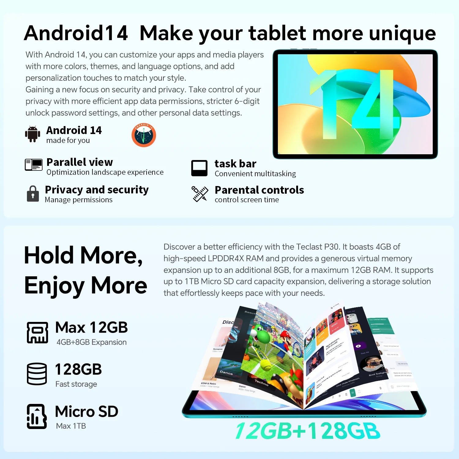 Teclast P30 Android 14 Tablet with 10.1" IPS Display, Max 12GB RAM, 128GB ROM, UNISOC T606 Octa-Core, Type-C, 3.5mm Jack, Widevine L1.