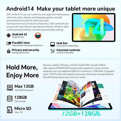 Teclast P30 Android 14 Tablet with 10.1" IPS Display, Max 12GB RAM, 128GB ROM, UNISOC T606 Octa-Core, Type-C, 3.5mm Jack, Widevine L1.