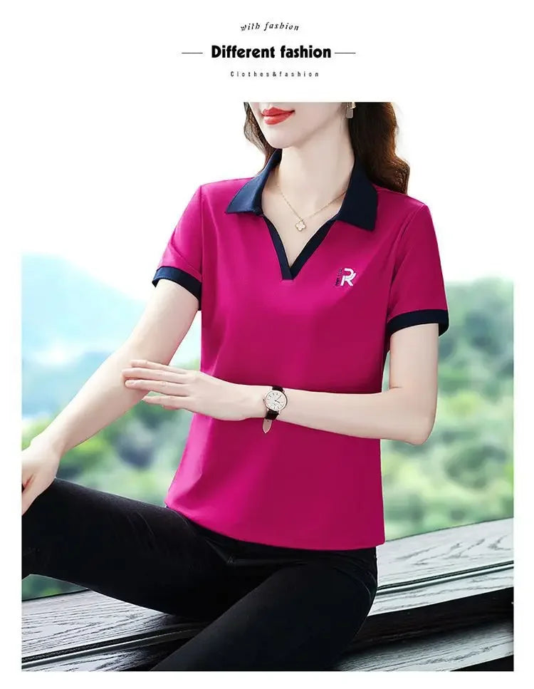 Women's Slim Fit Polo Shirt Short Sleeve T-Shirt Casual Sporty Loose Fashionable Summer Top Turn-down Collar Comfortable.