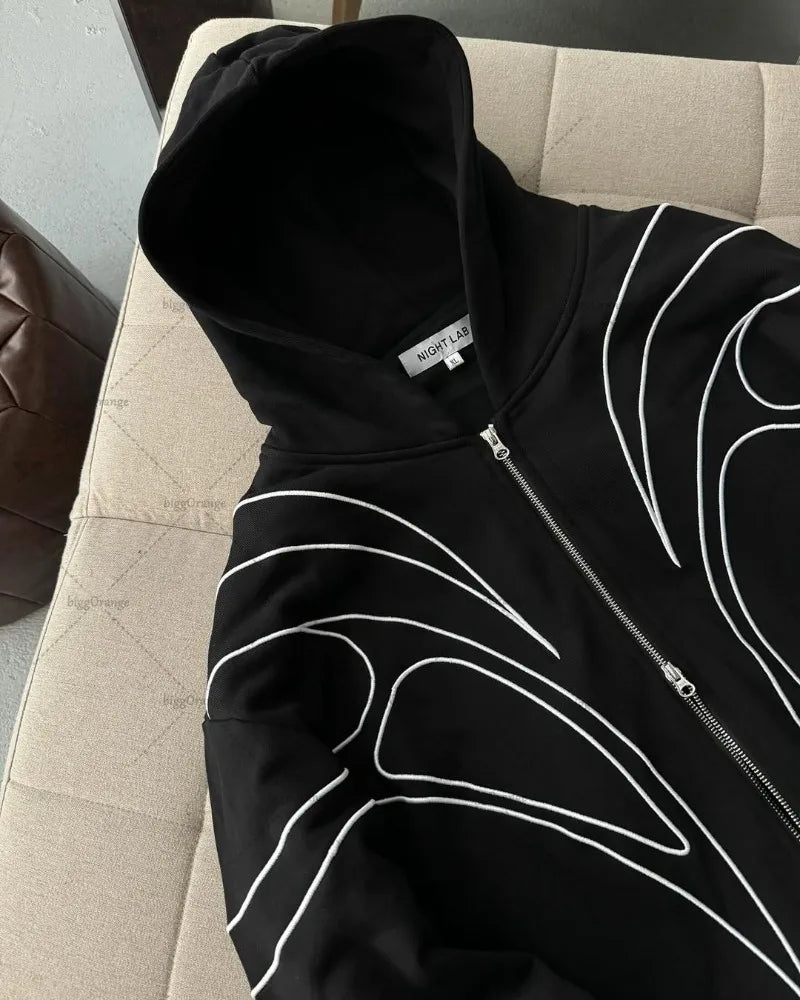 Striped splicing embroidery oversized hoodie American new clothing high street trend brand double zipper black zipper sweatshirt.