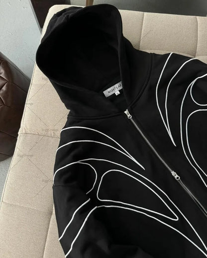 Striped splicing embroidery oversized hoodie American new clothing high street trend brand double zipper black zipper sweatshirt.