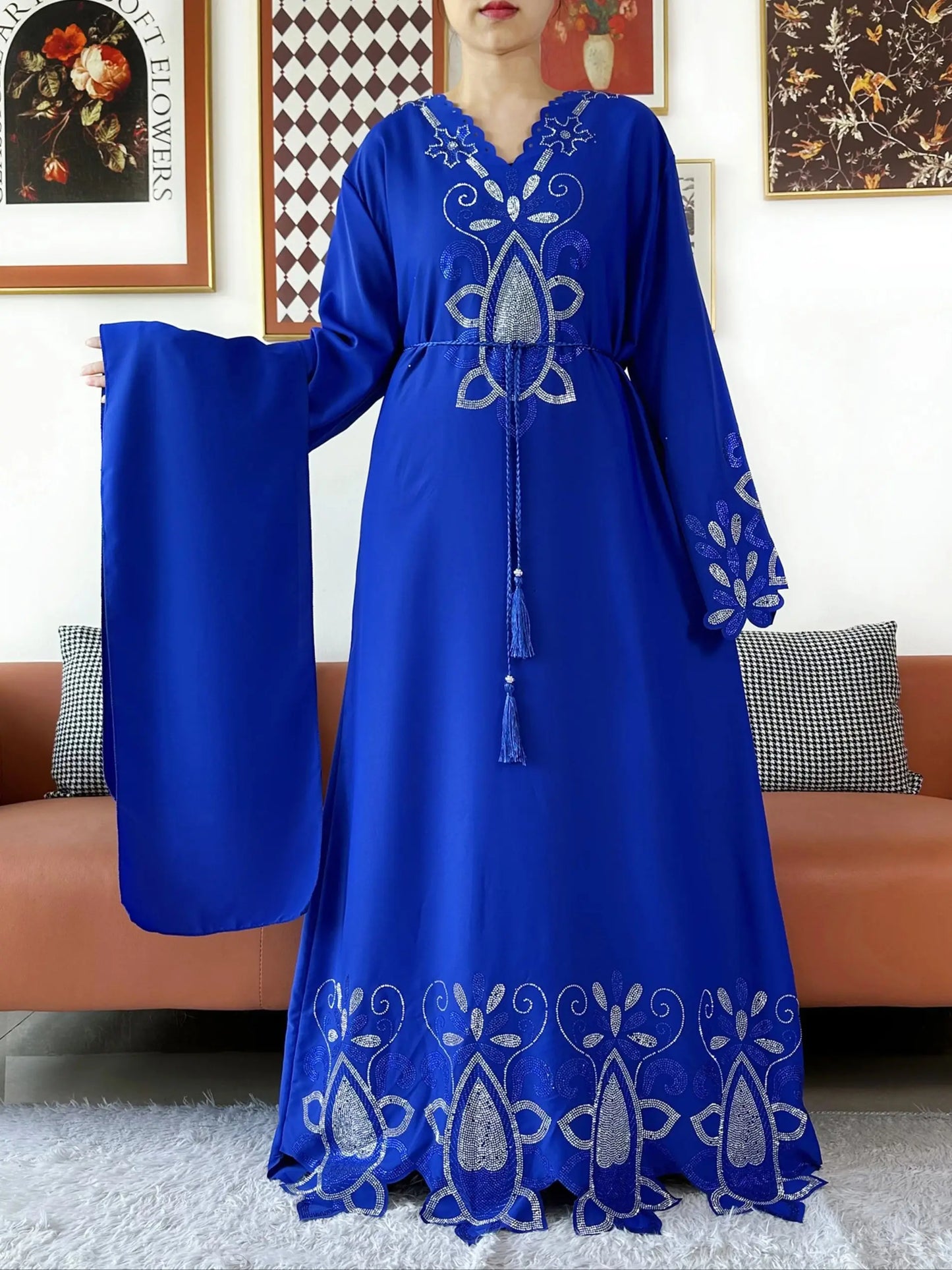 New 2025 Muslim Party Women Abaya Chiffon Diamond Long Sleeve Casual Clothing African Abaya Women Robe Dubai Turkey Islamic Robe.