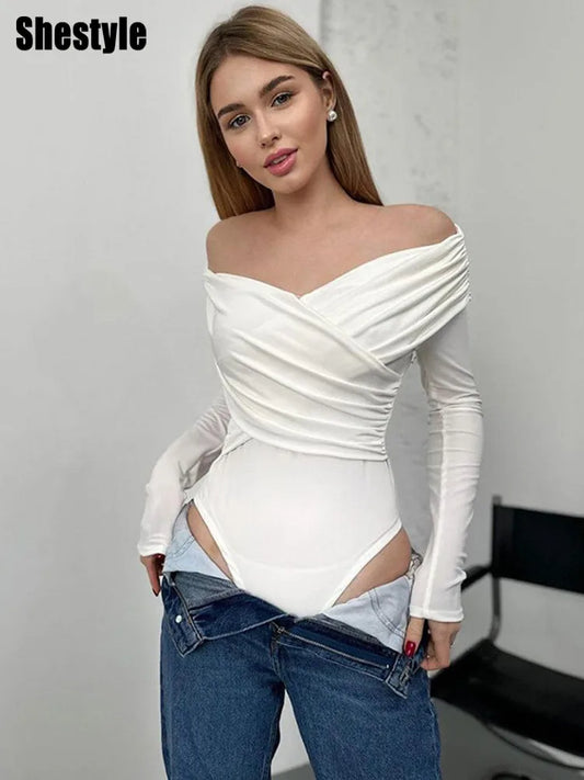 Shestyle Off Shoulder Slash Neck Bodysuits Women Overlap Solid Long Sleeve Basic T-Shirt Pleated Cross Bodycon Fashion Trendy.