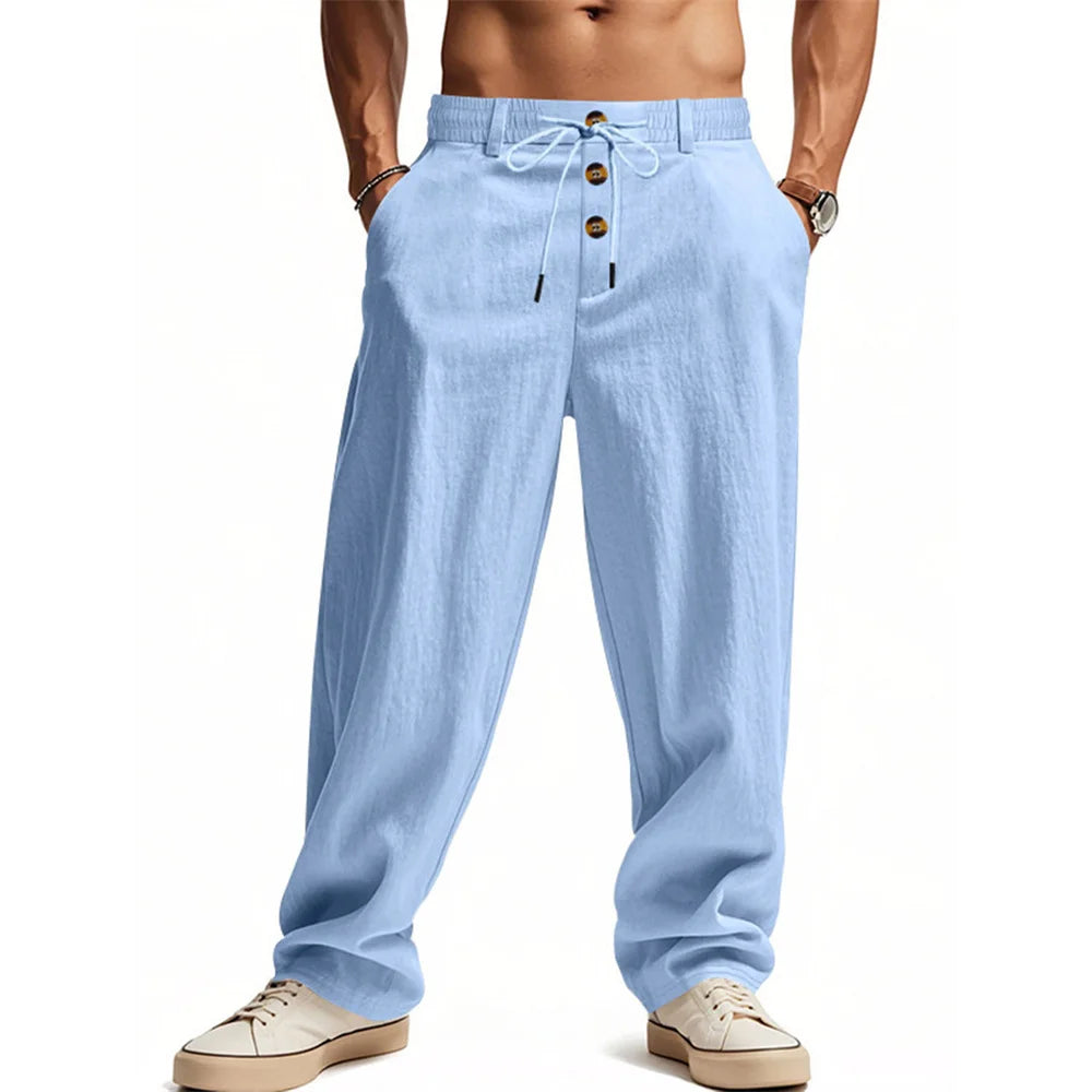 Autumn New Men's Cotton Pants Solid Color Button Drawstring Design Casual Loose Fit Cozy Trousers Simple Style Long Pants.