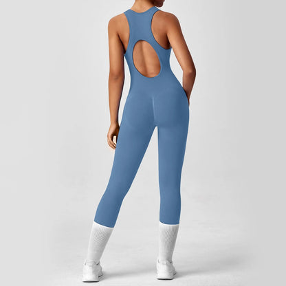 Ladies' Fashion Solid Color Round Neck Tight Yoga Jumpsuit Breathable Sleeveless Front Zipper Soft and Comfy Fitness Clothes.