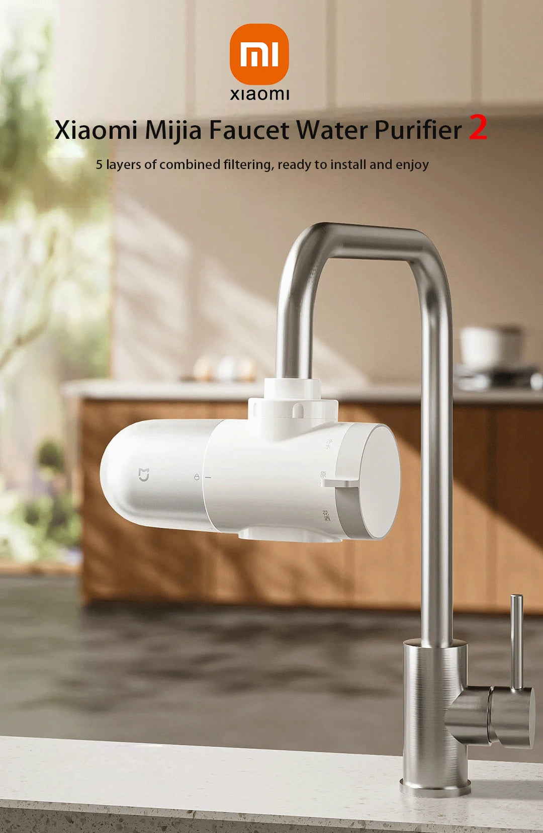 2024 New XIAOMI Mijia Faucet Water Purifier 2 Household Kitchen Tap Visible Water Filter Activated Carbon Percolator System.