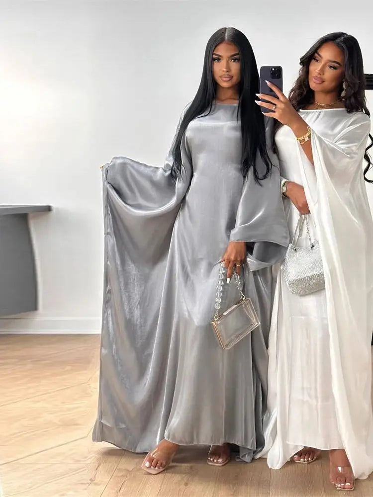 Ramadan Eid Summer Satin Batwing Abaya Dubai Women Islam Muslim Maxi Kaftan Dresses Kebaya Caftan Marocain Robe Femme Musulmane.