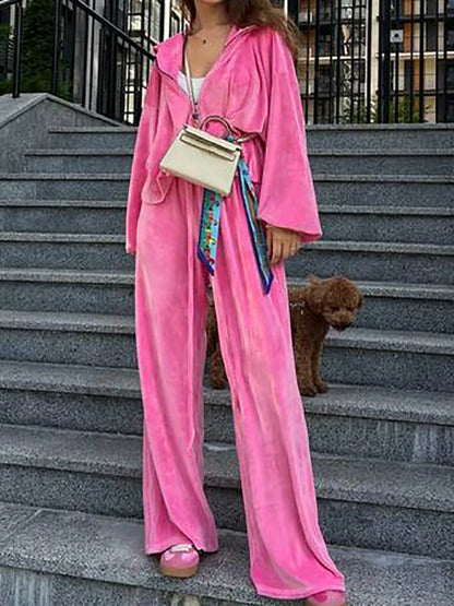 Women Autumn Hooded Coat Two Pieces Sets, Solid Patchwork Wide Leg Pants Chic Outfit, New Long Sleeve Casual Simple Ladies Suits.