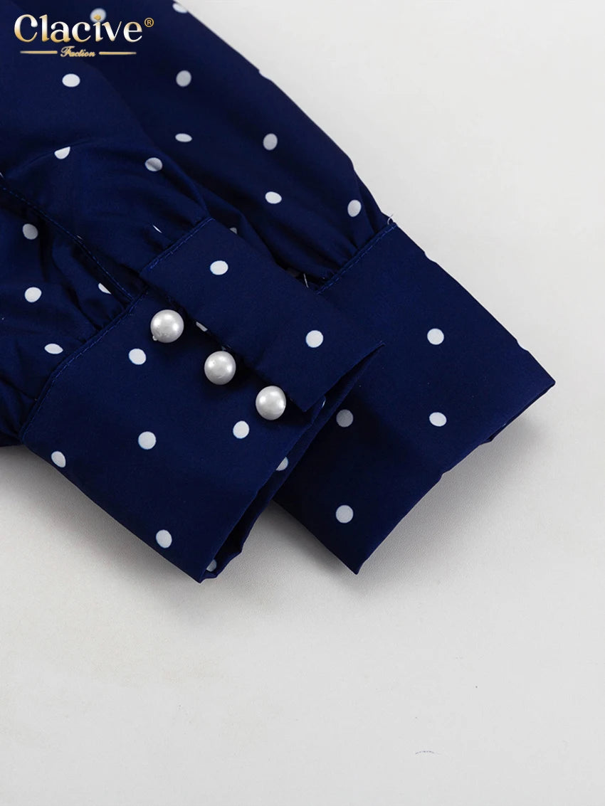 Clacive Mode Lose Druck Frauen Kleid 2025, Casual Revers Langarm Büro Dame Midi Kleider Elegante Klassische Gürtel Weibliche Kleid.