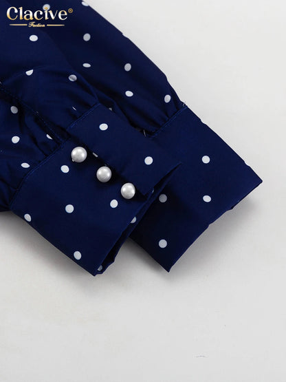 Clacive Mode Lose Druck Frauen Kleid 2025, Casual Revers Langarm Büro Dame Midi Kleider Elegante Klassische Gürtel Weibliche Kleid.