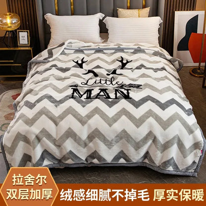 Modern Geometric Cartoon Printed Bedroom Blanket Coral Fleece Dormitory Quilt Thicking Double Layer Multi Purpose Bedding Sheets