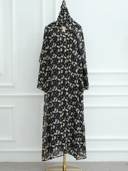 Muslim Women Dubai Abaya luxury Double layered chiffon Print Hijab Dress Kaftan Ramadan Robe Femme Islam african dresses Kebaya.