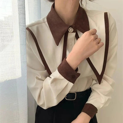 MEXZT Vintage Chiffon Shirts Women Elegant Patchwork Long Sleeve Blouses Office Lady Korean Black Turn Down Collar Casual Tops.