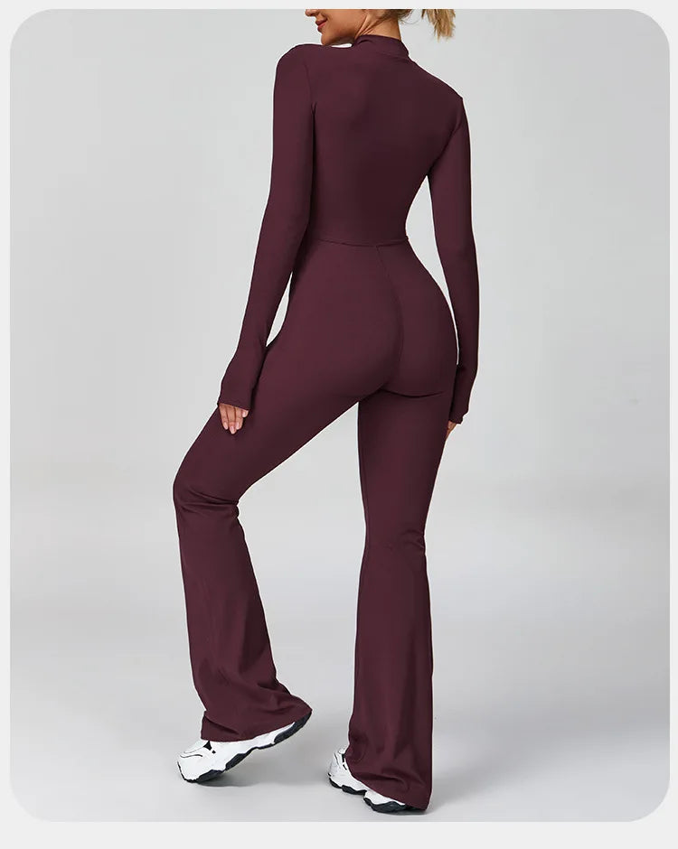 Women's One-piece Yoga Jumpsuit Long Sleeve Zipper Slim Fit Sports Outfit Flare Tights Quick-drying Hip Lift Gym Fitness Clothes.