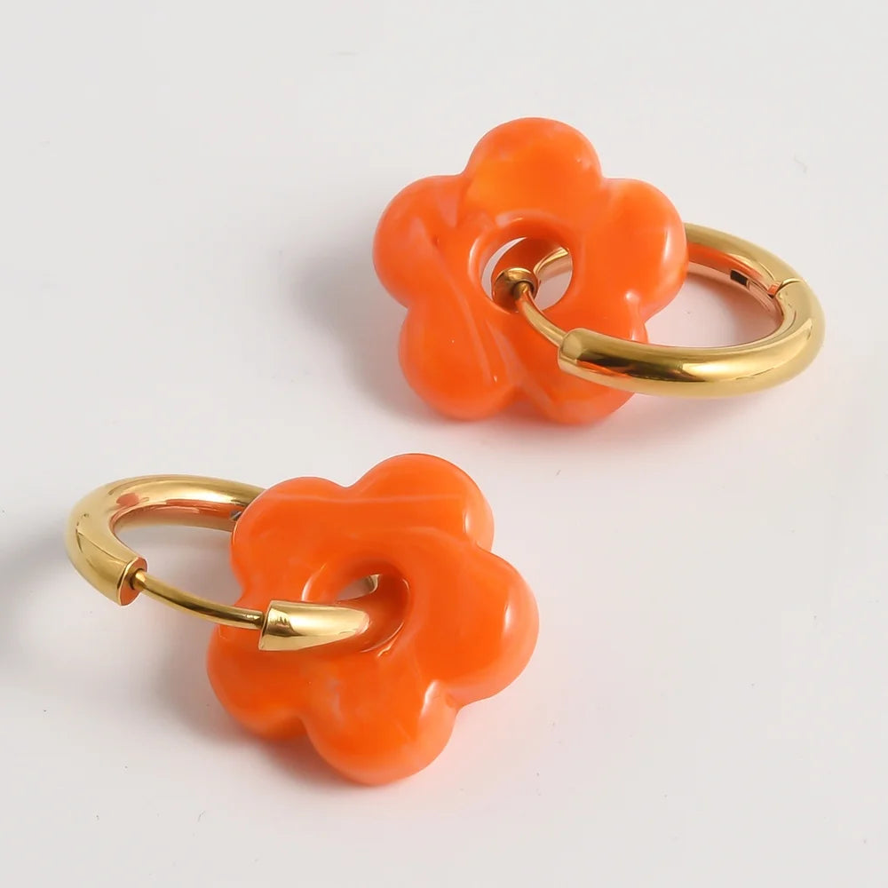 Colorful Flower Glass Drop Charms Earring Gold Color Circle Ear Buckle Hoops Stainless Steel Earrings Fashion Jewelry for Women