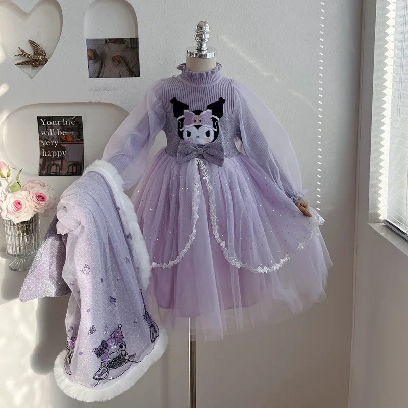 Anime Kuromi Lolita Kleid und Umhang Set Strickpullover Spleißen Mesh Prinzessin Kleid Partykleid Herbst Winter Urlaub Geschenk.