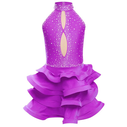 Eiskunstlauf-Kostüm für Teenager-Mädchen, lateinamerikanischer Tanz, Cha-Cha, Tango, Performance-Tanzbekleidung, ärmelloses, gestuftes Kleid mit Strasssteinen