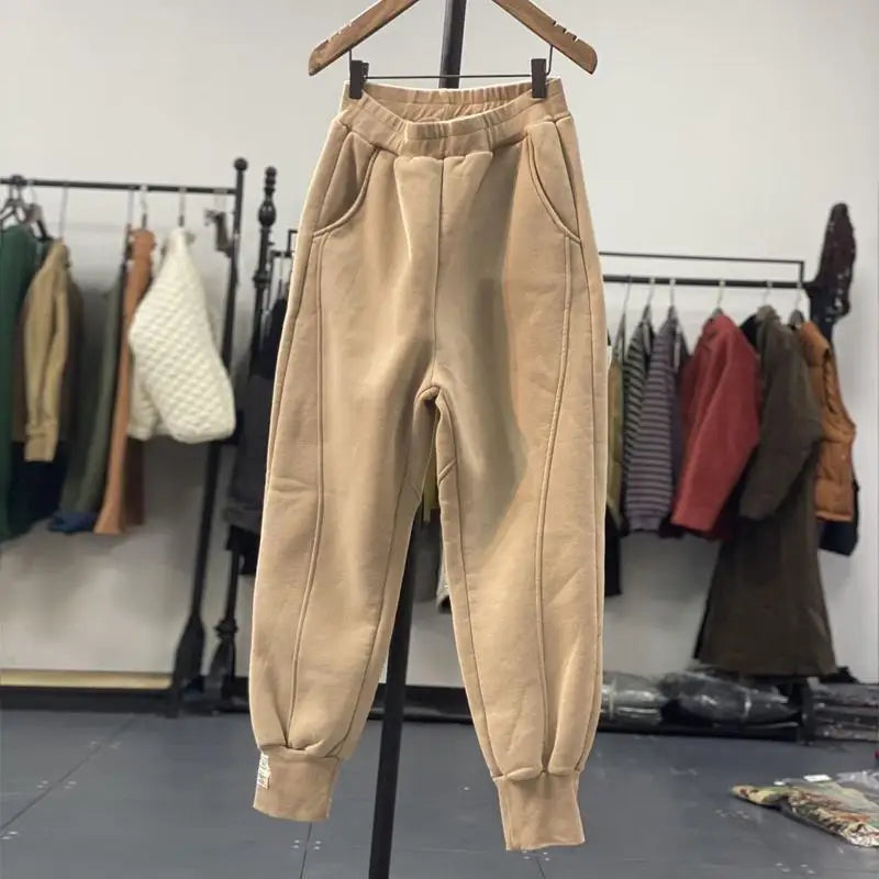 Autumn/Winter 150kg American Retro Cuffed Casual Trousers Men's Korean Slimming Patchwork Fleece-lined Harem Trousers Sweatpants.