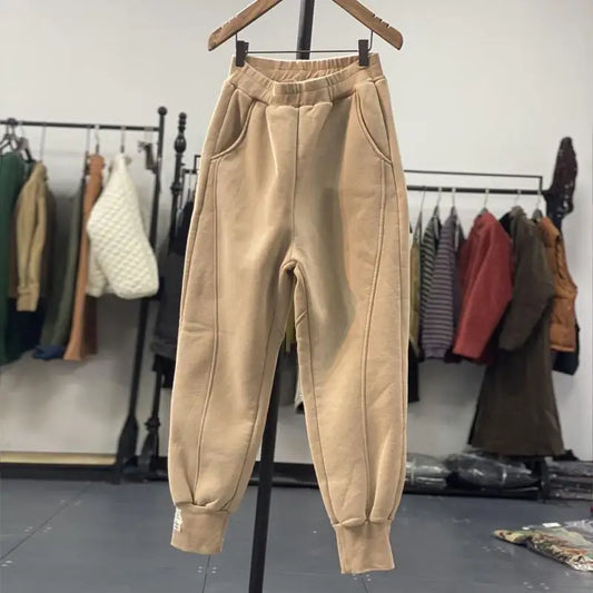 Autumn/Winter 150kg American Retro Cuffed Casual Trousers Men's Korean Slimming Patchwork Fleece-lined Harem Trousers Sweatpants.