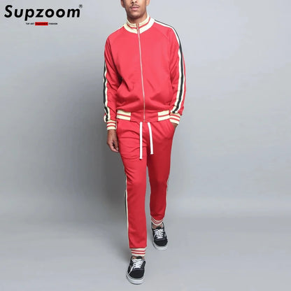 Supzoom New Arrival Top Fashion Leisure Uniform Autumn And Winter Couples Casual Striped Sports Running Sportswear Men Set.