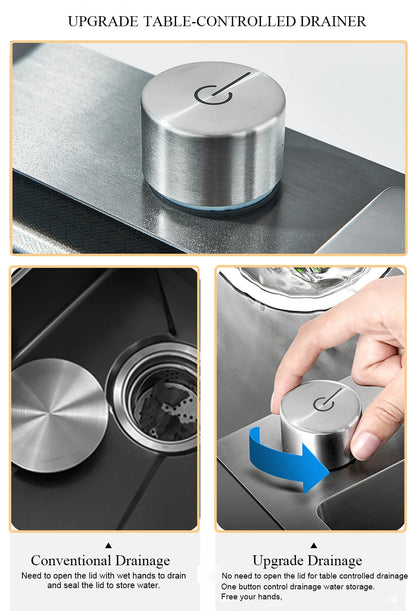 304 Stainless Steel Waterfall Kitchen Sink Large Single Slot with Chopping Board Cup Washer