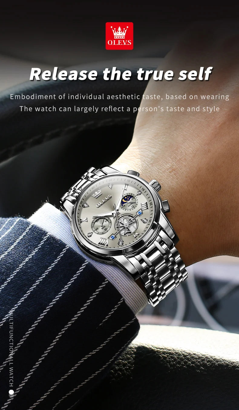 OLEVS Men's Watches Classic Multifunctional Fltwheel Chronograph Original Quartz Wristwatch Moon Phase 24 Hour Waterproof reloj.