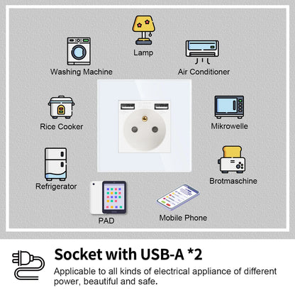 Frankreich Standard Doppelsteckdosen Französische Typ-C-Steckdosen 110-250 V Glasscheibe USB-Ladeanschluss Elektrischer Stecker Heimwerker.