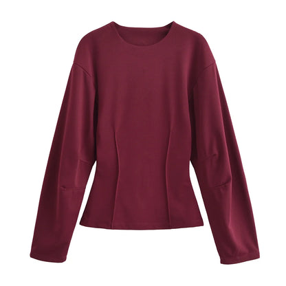 HH Women's 2-Piece Set Fashion Slimming Double-Sided Fabric Round Neck Long-Sleeve Top+Elegant Stretch Casual Wide Leg Pants