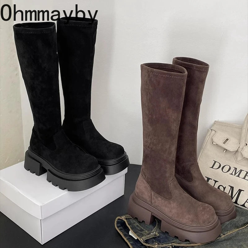Winter Platform Punk Style Woman Knee High Boot Concise Slip On Elastic Slim Shoes Ladies Thick Bottom Knight Long Booties.