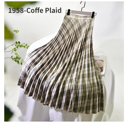 Looks Thin Pleated Skirt 2025 New High Waist A-line Skirt Mid-length Big Size Plaid Skirt Long Pleated Skirt Length 75-90cm