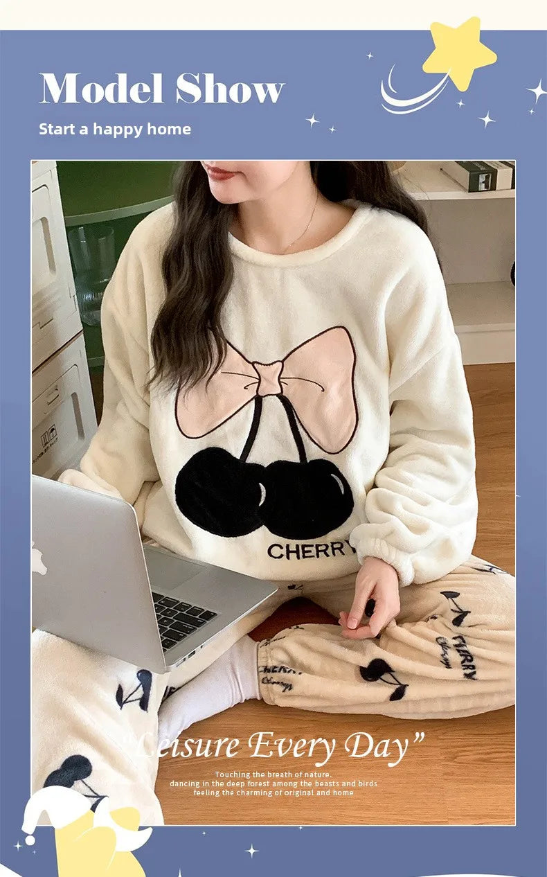 Thickened Warm Sleepwear for Winter Cartoon Flannel Pajamas Homewear Women Velvet Coral Velvet Cartoon Bear Nightwear Loungewear.