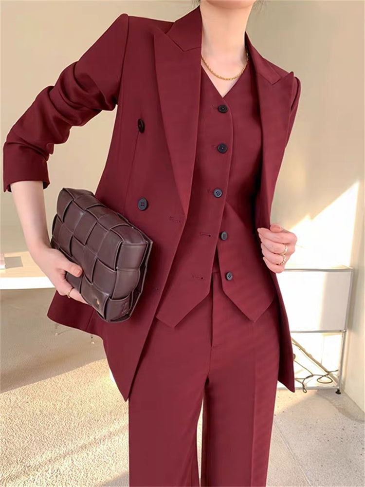 Burgundy Suit Set Women Spring 2023 Office Ladies Lapel Single Breasted Vest Wide Leg Pants Blazer Three Piece Set.