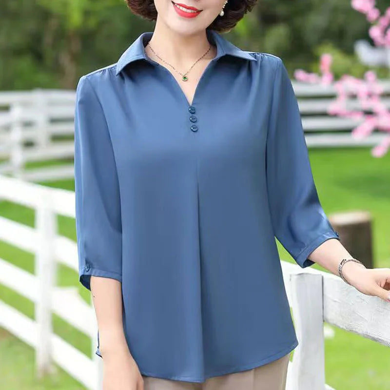 1pcs Woman Summer Solid Blouses Shirt Lady Thin Pullover Shirt Female Casual Half Sleeve Turn-down Collar Loose Top Mom Clothing.