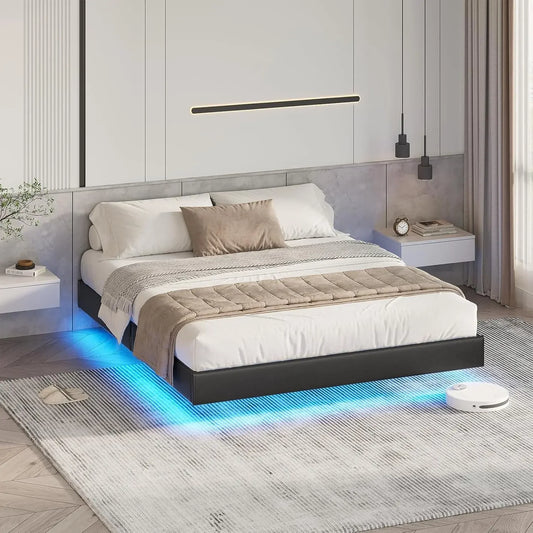 LED-beleuchtetes 180 x 200 cm großes Polsterbett mit Gestell, Gitterbettgestell, schwebender schwarzer Bettrahmen für Schlafzimmer