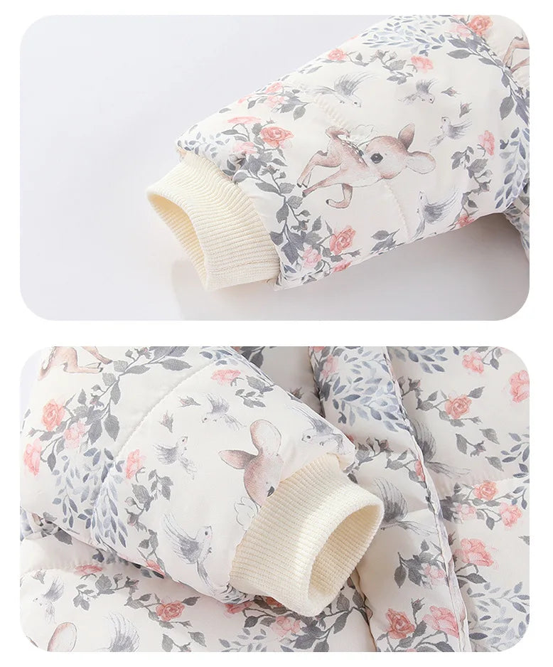 Body für Neugeborene und Mädchen, verdickter, wasserdichter, bedruckter Schneeanzug, 0–24 Monate, Kleinkind-Jungen-Overall mit Kapuze, warmes Winter-Einteiler-Outfit.