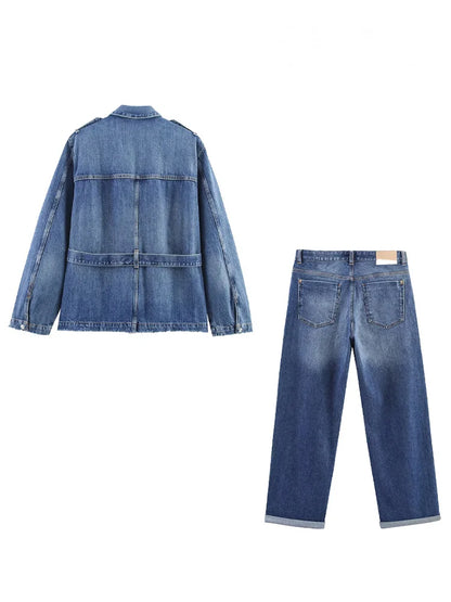 HH Women Denim Pant Sets Turn-Down Collar Long Sleeves Belt Autumn Coats+Pockets Loose High Waist Zipper Hemming Trousers.