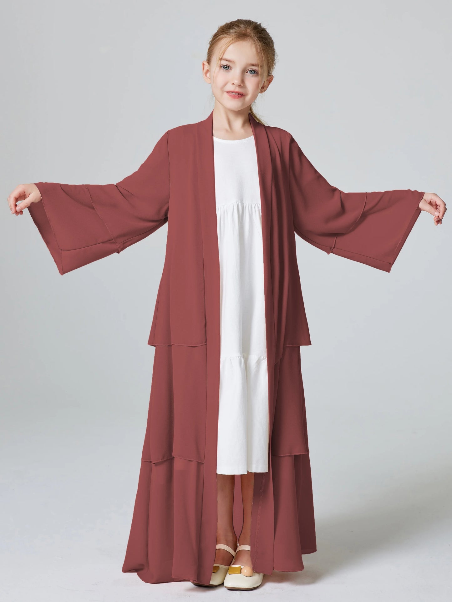 Ramadan Kebaya Muslim Girls Abaya 3 Layered Chiffon Kids Abaya Dress Open Front   Outerwear (Without Hijab).