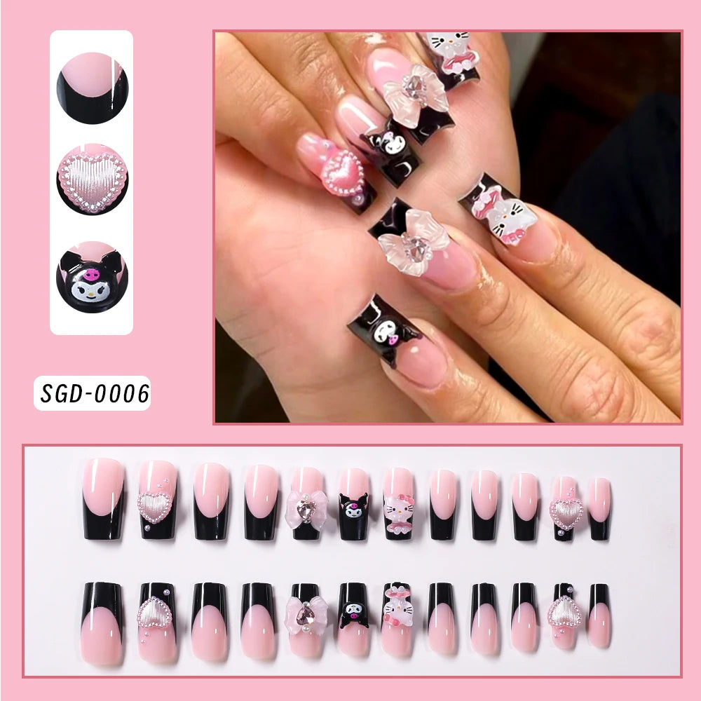 24Pcs Long Square Pink Hello Kitty False Nails French Wearable Full Cover Fake Nails Kitty Cat Bow Heart Design Press On Nails
