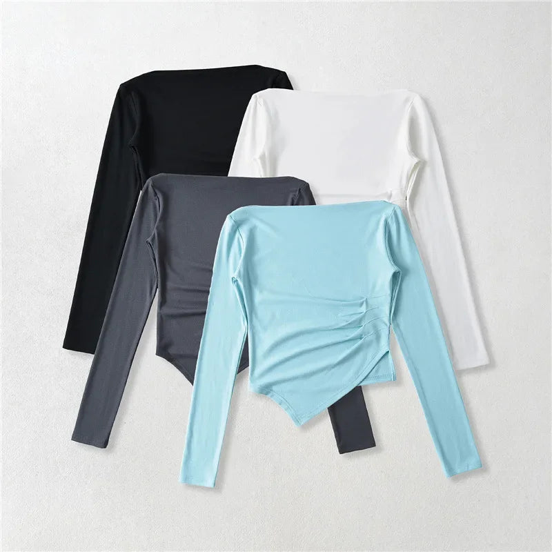 Slim Fit Long Sleeve T-Shirt Women's Shoulder Bared One-Shoulder Design Crease Asymmetrical Pure Desirable Spicy Girl Style.