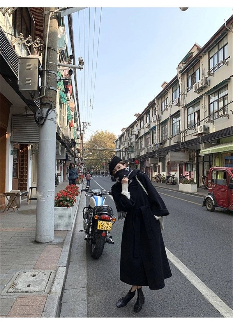 Mode Schwarz Lange Woolen Mantel Mit Gürtel Frauen Lose Revers Mantel Herbst Winter Warme Dame Oberbekleidung High Street