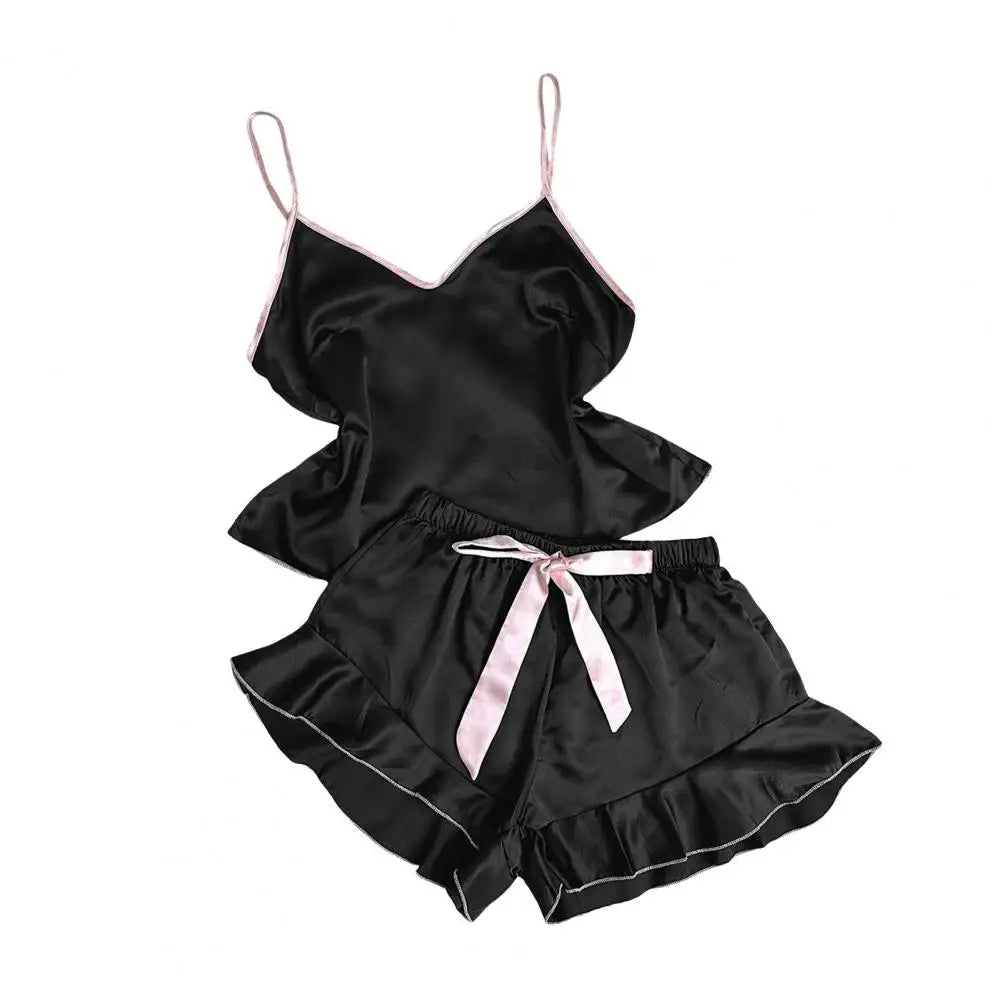 Damen-Pyjama-Set mit Trägern, elegantes Satin-Damen-Pyjama-Set mit Spaghettiträger-Oberteil, rückenfrei, V-Ausschnitt, Rüschen, plissiert für Komfort.