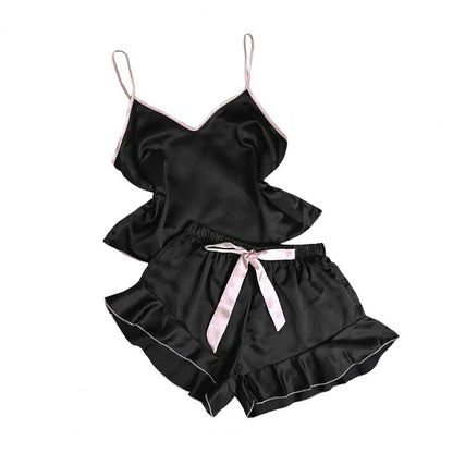 Damen-Pyjama-Set mit Trägern, elegantes Satin-Damen-Pyjama-Set mit Spaghettiträger-Oberteil, rückenfrei, V-Ausschnitt, Rüschen, plissiert für Komfort.