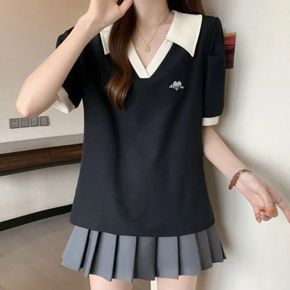 Plus Size Women's Casual Polo Neck Short Sleeve T-Shirt Slimming Belly Cover Summer Age Defying Shoulder Level Top.