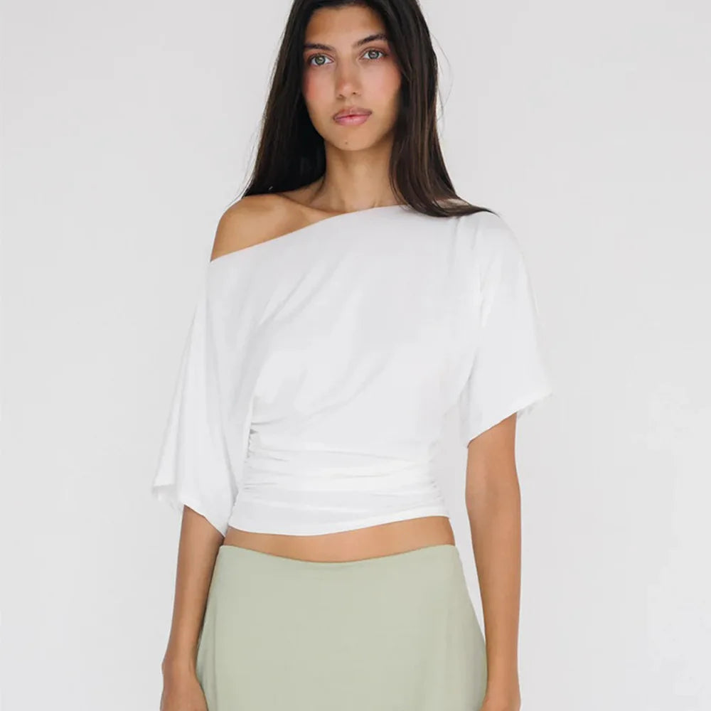 Cryptographic One Shoulder Ruched Asymmetrical Tops for Women Outfits Sexy Short Sleeve Casual Tops Slim T-shirts Summer Clothes