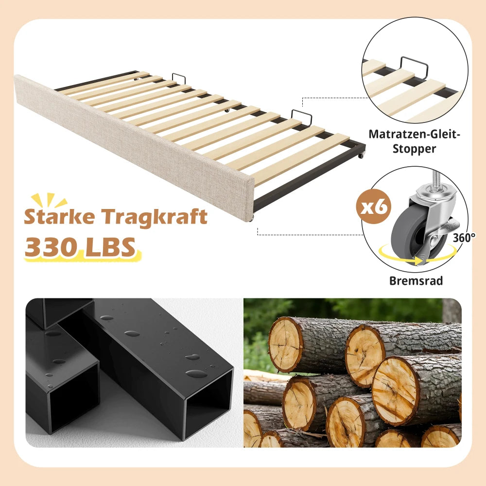 Gepolstertes Tagesbett 90x190cm, Tagesbett Schlafsofa mit ausziehbarem Bett 90x190cm, Kinderbett mit Gitter ohne Matratze