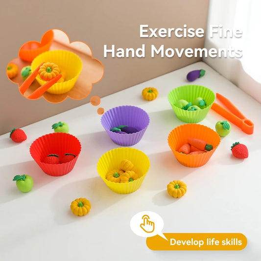 Baby Montessori Toys Fine Motor Skills Learning Counting Rainbow Color Pompoms Silicone Vegetable Sorting Games Sensory Toys.