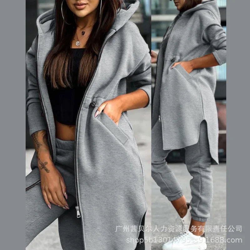 Autumn Winter New Women's Hooded Jacket Trousers Suit Casual Everyday Joker Two-Piece Set.