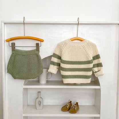 Baby-Pullover für Herren und Damen, neue Herbst-Stile für Säuglinge und Kleinkinder, gestreifte Strickoberteile und Hosen-Sets.